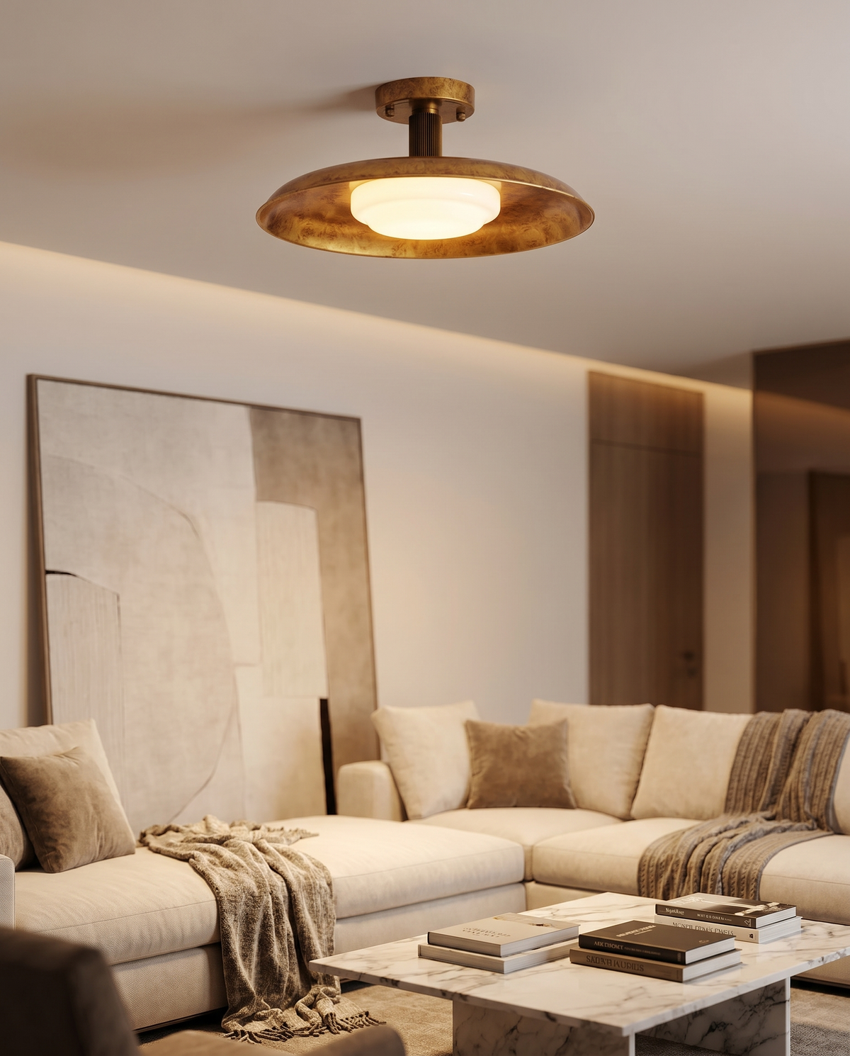 Modern flat-panel flush mount ceiling light in a room with a low ceiling
