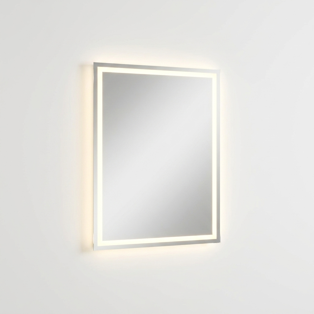 LED bathroom mirror with backlit and front-lit illumination above a vanity