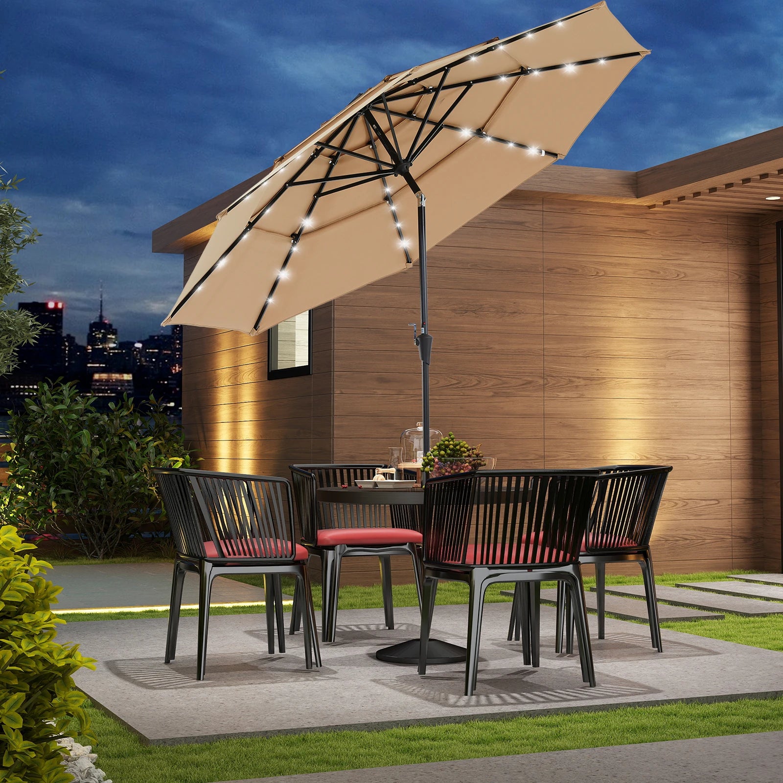 10FT Outdoor Patio Umbrella with Solar LED Lights | Durable & Adjustable Shade for Evening Gatherings