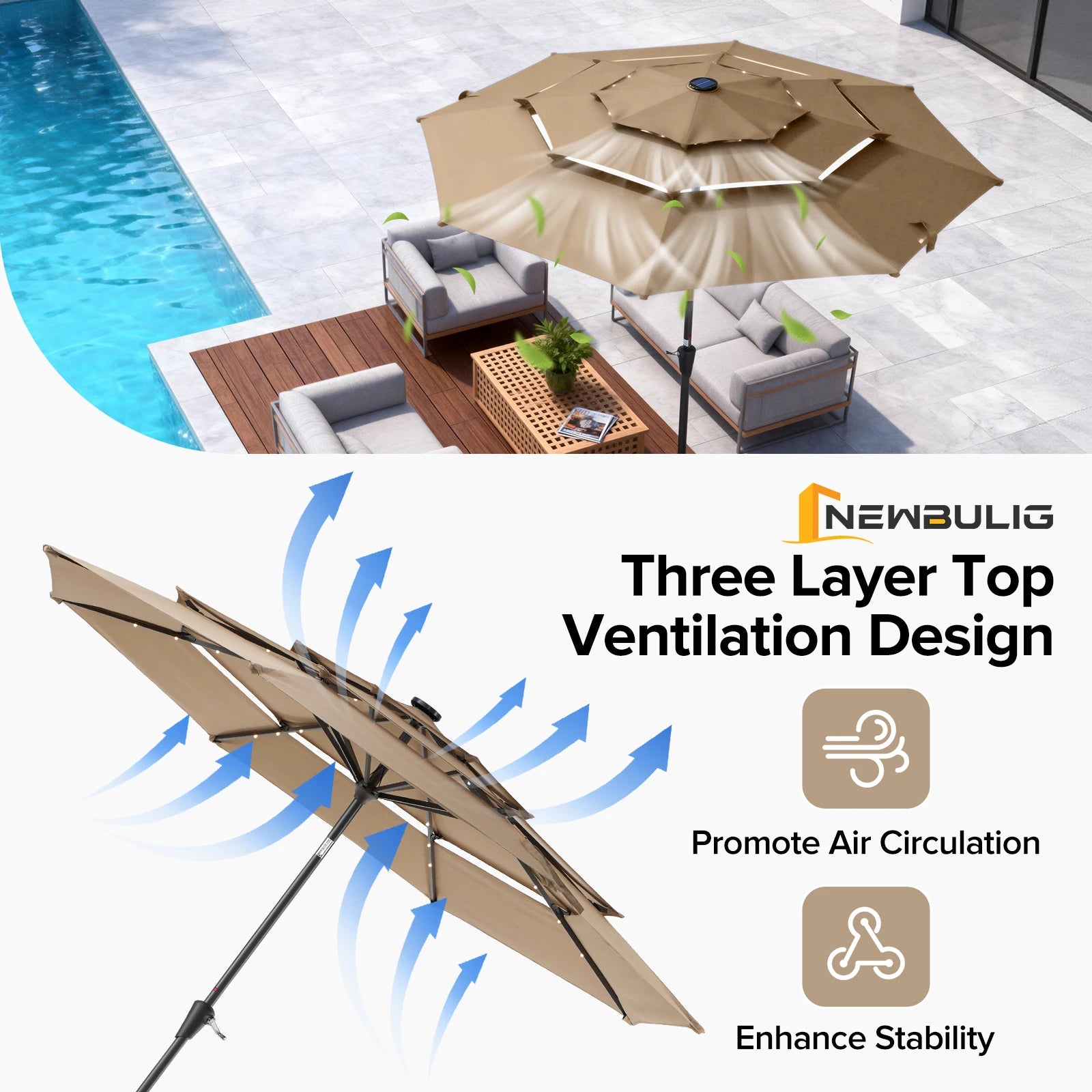 10FT Outdoor Patio Umbrella with Solar LED Lights | Durable & Adjustable Shade for Evening Gatherings