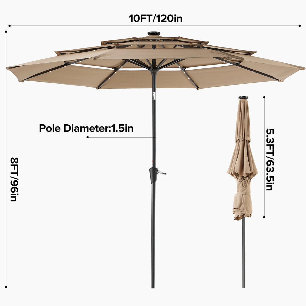 10FT Outdoor Patio Umbrella with Solar LED Lights | Durable & Adjustable Shade for Evening Gatherings