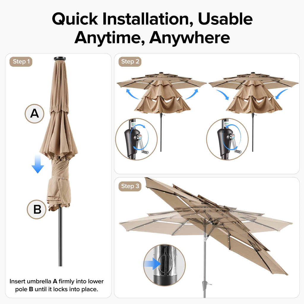 10FT Outdoor Patio Umbrella with Solar LED Lights | Durable & Adjustable Shade for Evening Gatherings