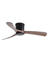 Modern 3-blade wood ceiling fan, walnut blades with black motor, studio on white