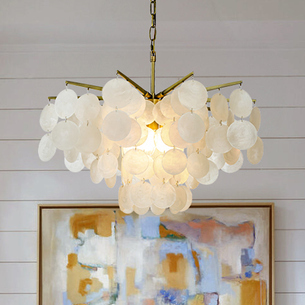 Coastal Capiz Shell Chandelier 4-Light 22 Inch with Antique Gold Finish
