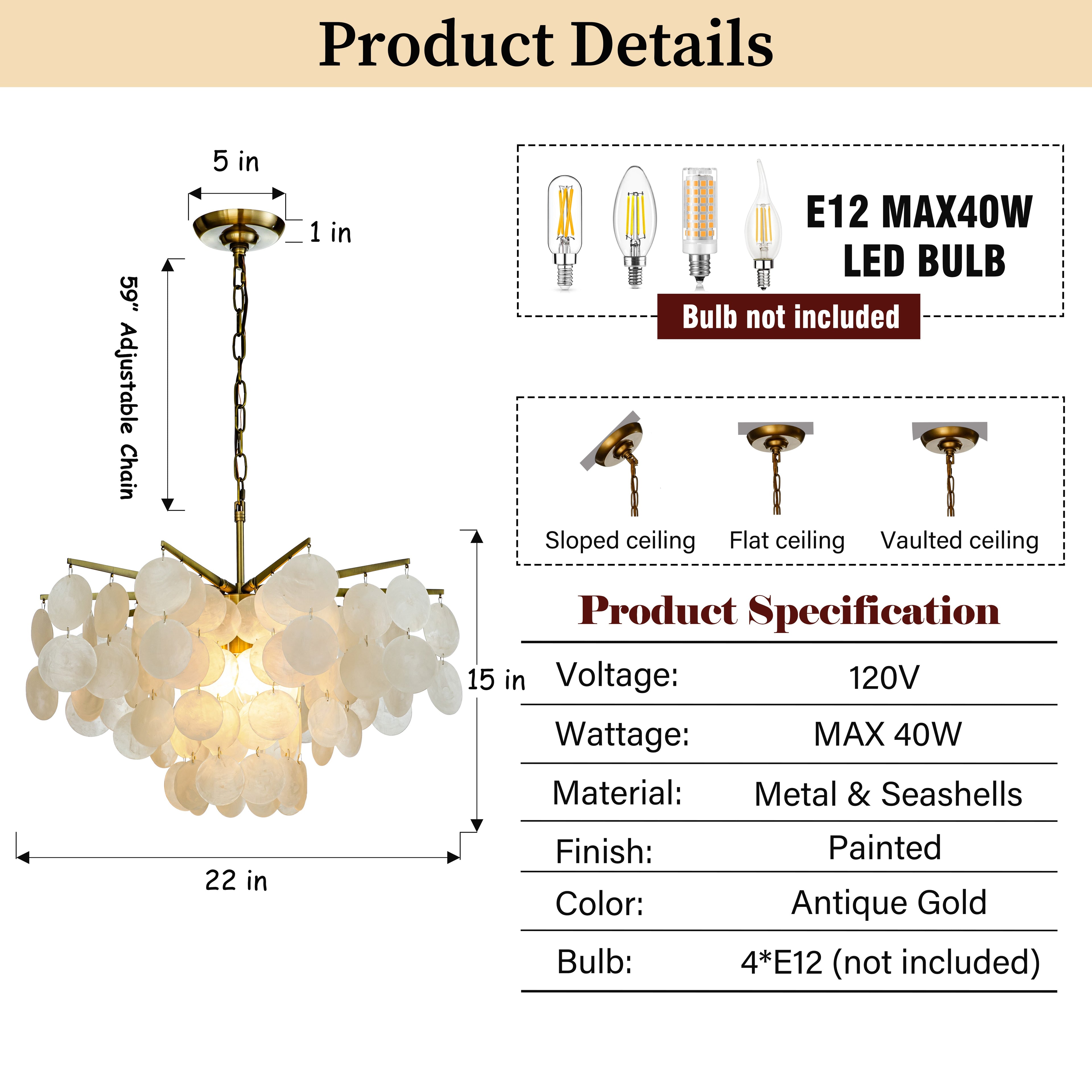 Coastal Capiz Shell Chandelier 4-Light 22 Inch with Antique Gold Finish