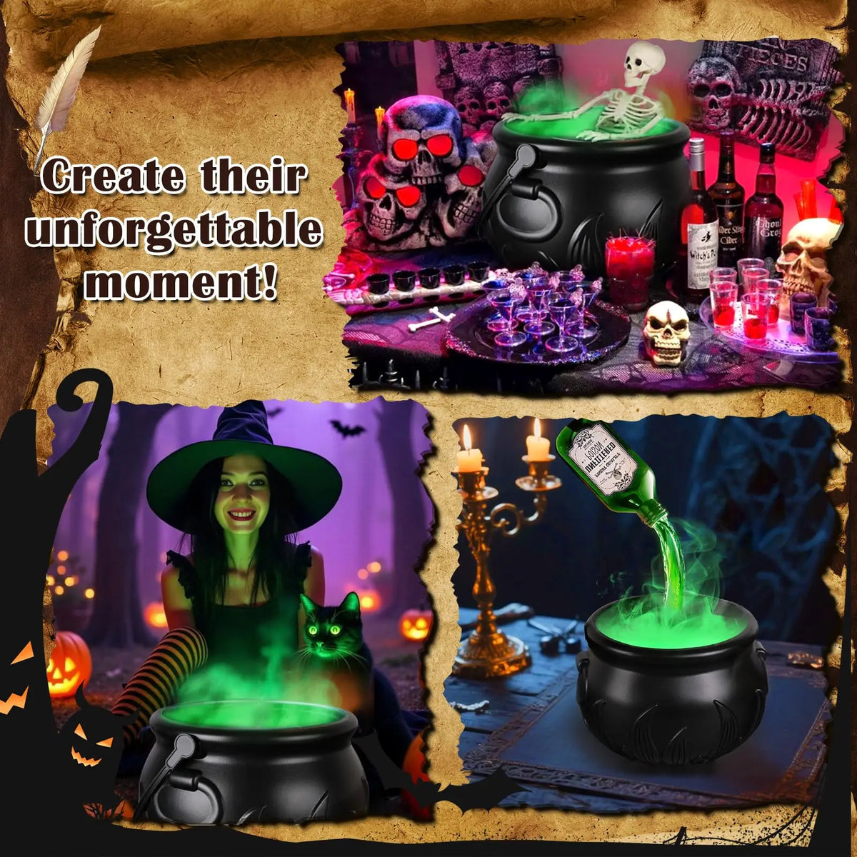 Glow in the dark Halloween cauldron with eerie green light, product image 5