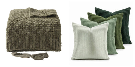The Cozy Living Set — Fern throw and Sorrel pillows, studio on white