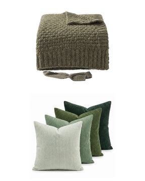 The Cozy Living Set — Fern throw and Sorrel pillows, studio on white