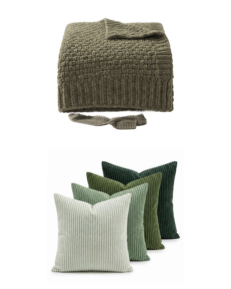 The Cozy Living Set — Fern throw and Sorrel pillows, studio on white