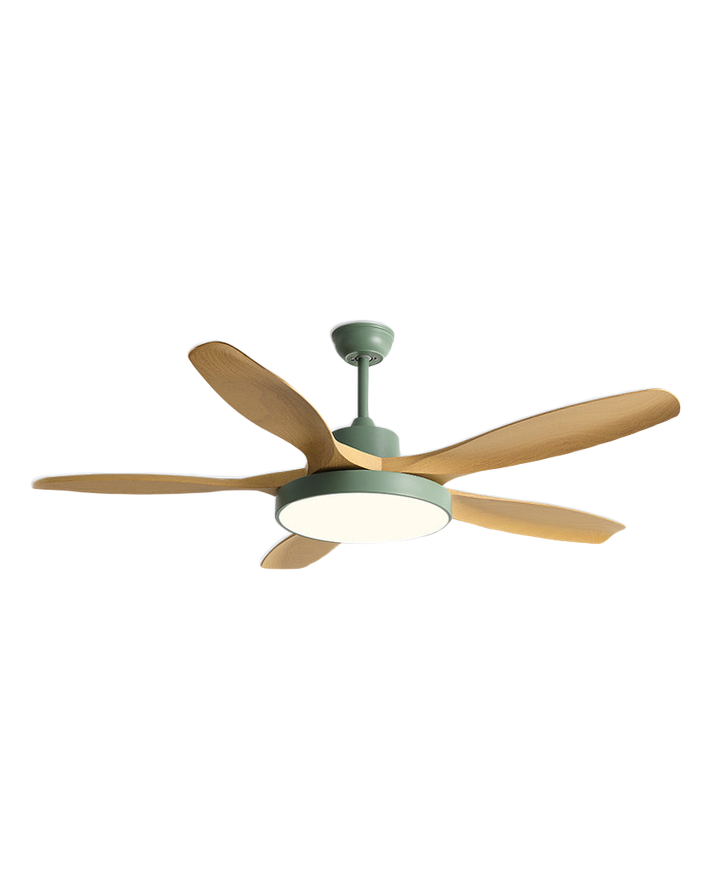 Elm ceiling fan, sage green motor with wood blades, studio on white