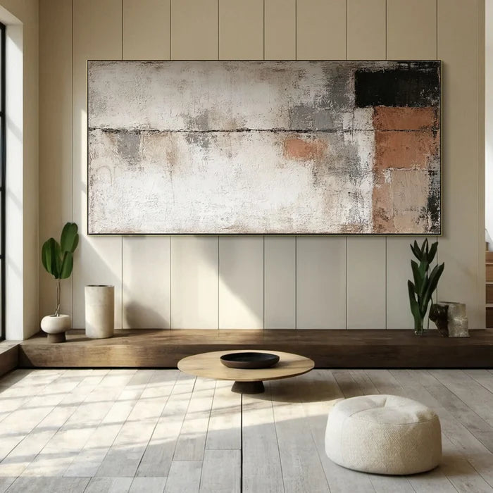 Abstraktes Wandbild mit geometrischen Linien, handgemalt