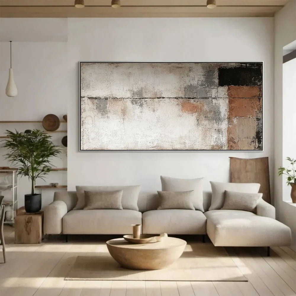 Abstraktes Wandbild mit geometrischen Linien, handgemalt