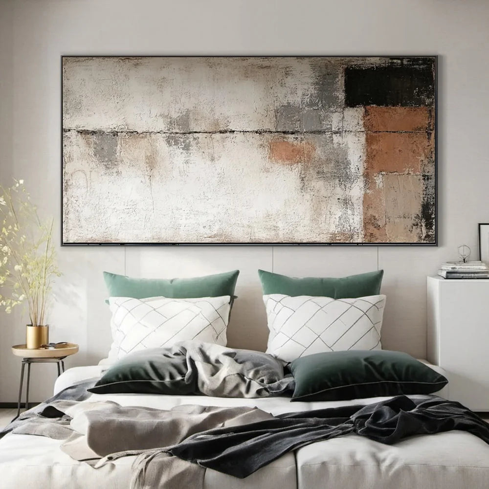 Abstraktes Wandbild mit geometrischen Linien, handgemalt