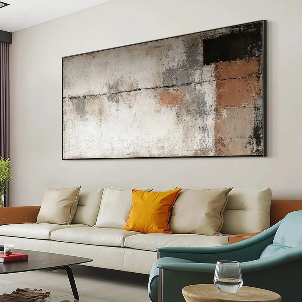 Abstraktes Wandbild mit geometrischen Linien, handgemalt