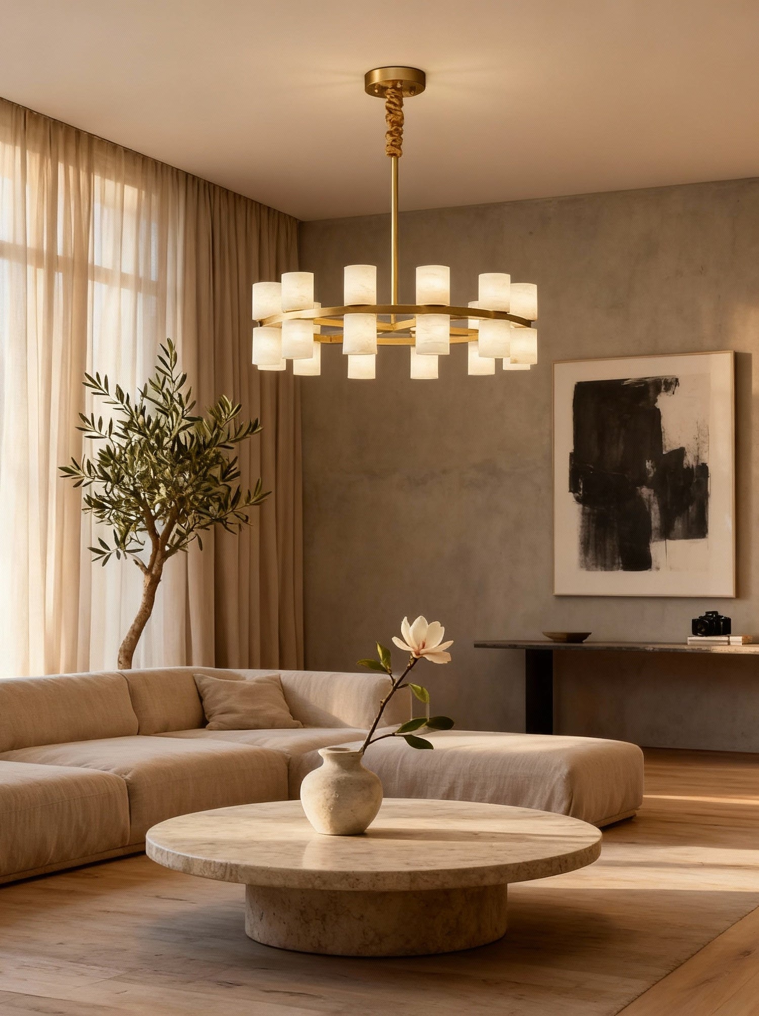 Enzo chandelier in a warm modern living room, room scene