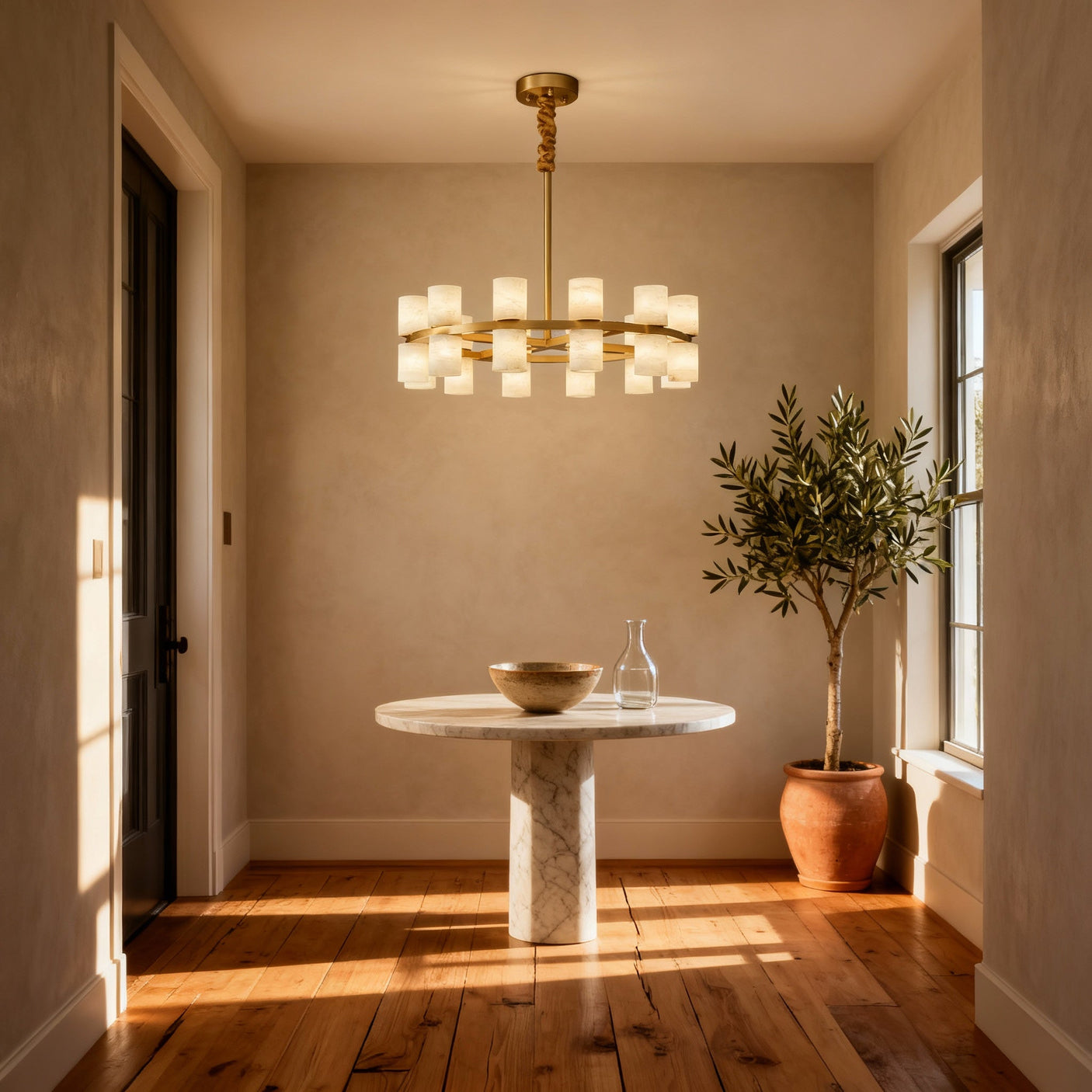 Enzo chandelier over a marble breakfast table, room scene