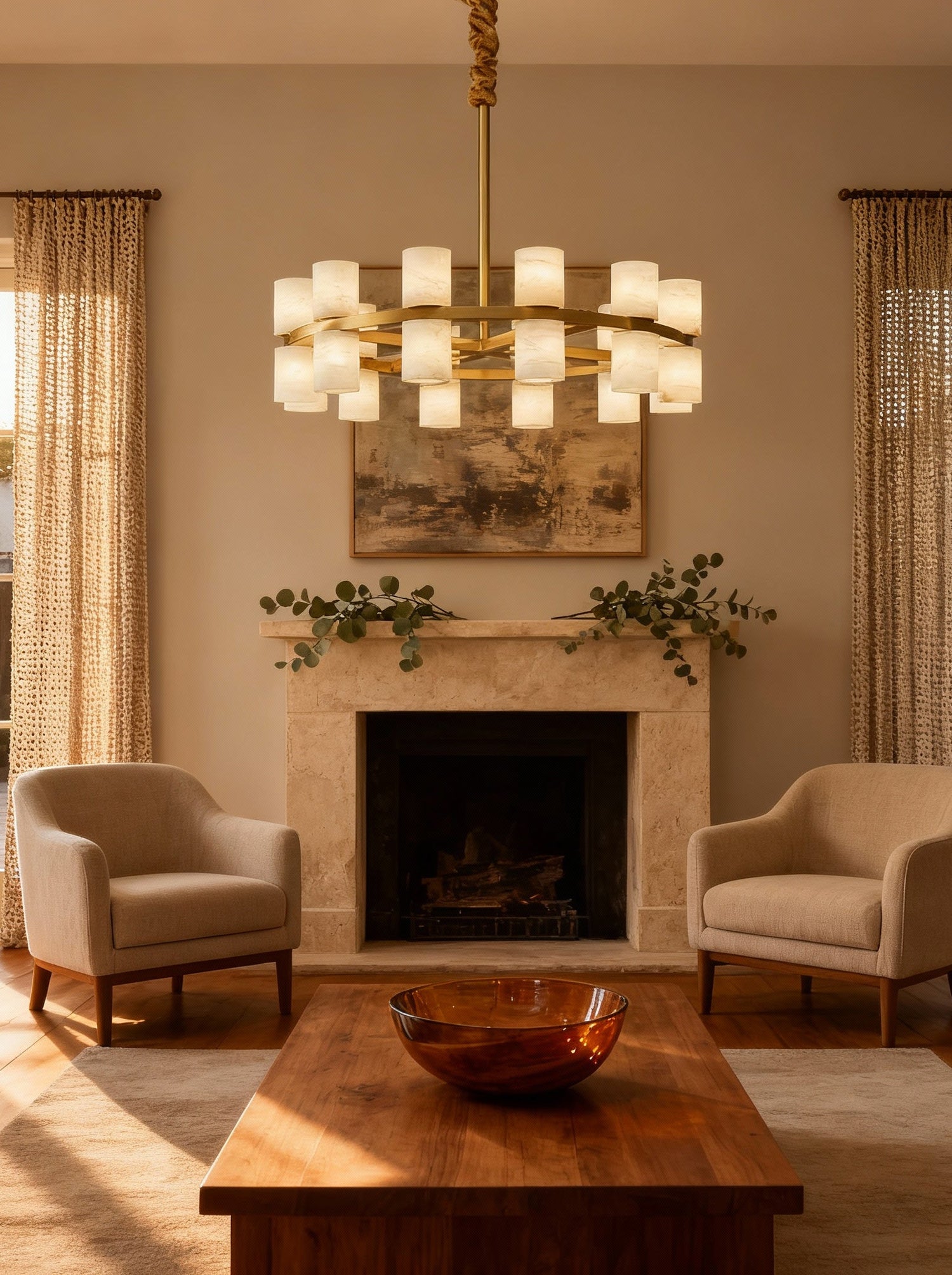 Enzo chandelier above a fireplace sitting area, room scene