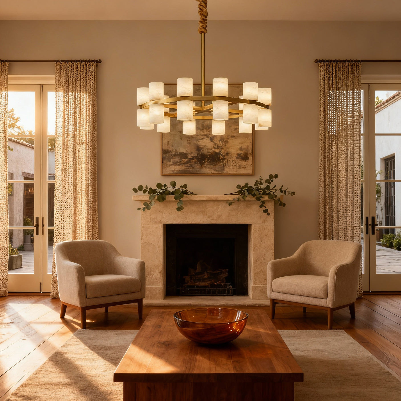 Enzo chandelier above a fireplace sitting area, room scene