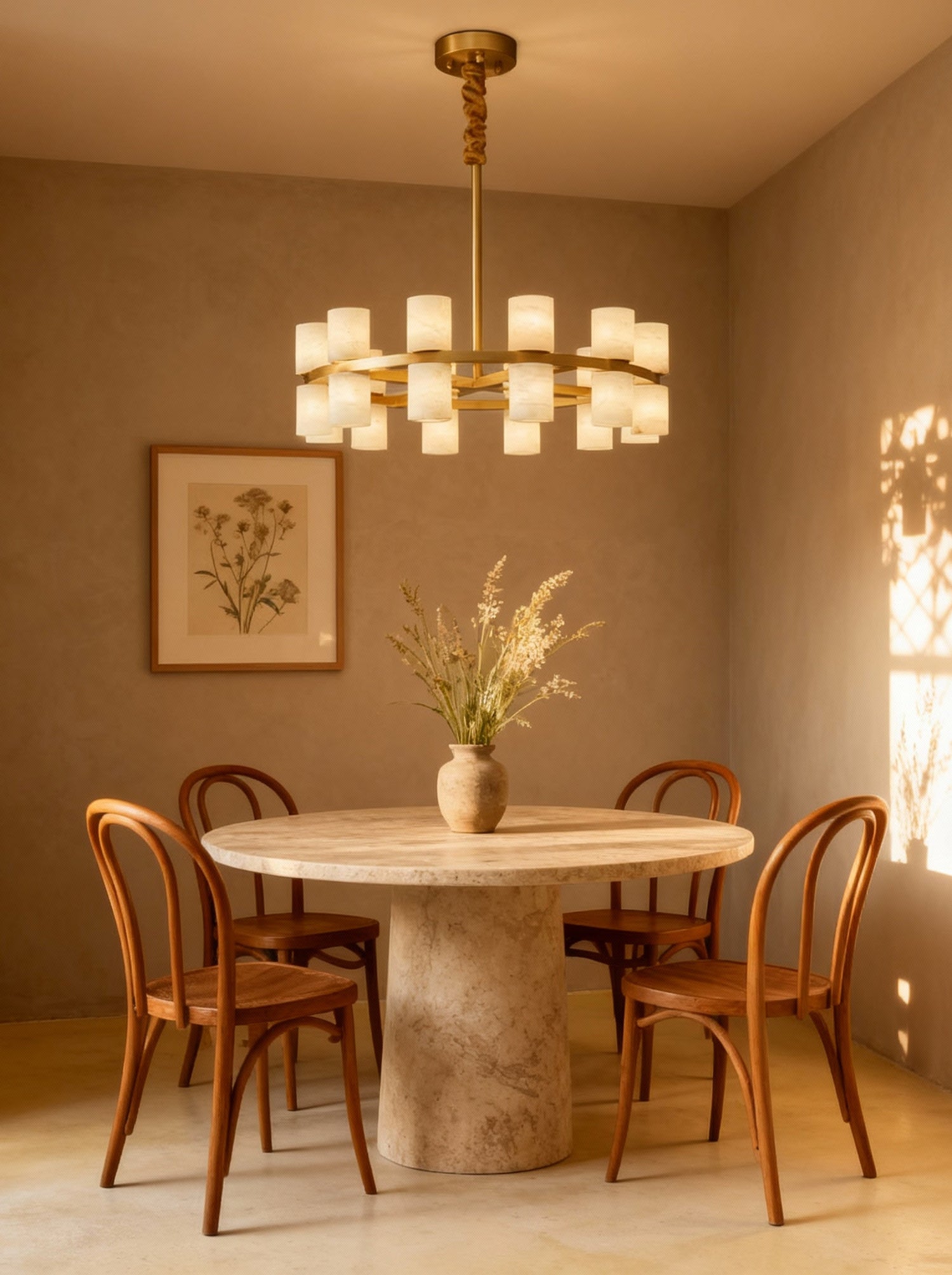 Enzo chandelier over a round dining table, room scene