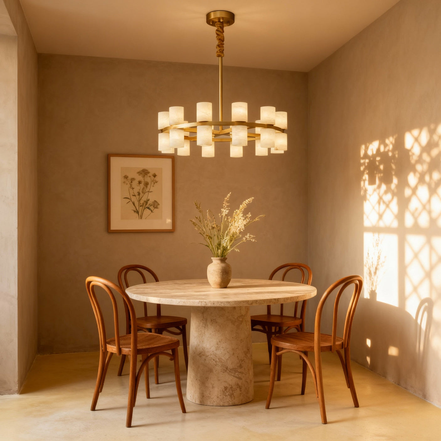 Enzo chandelier over a round dining table, room scene