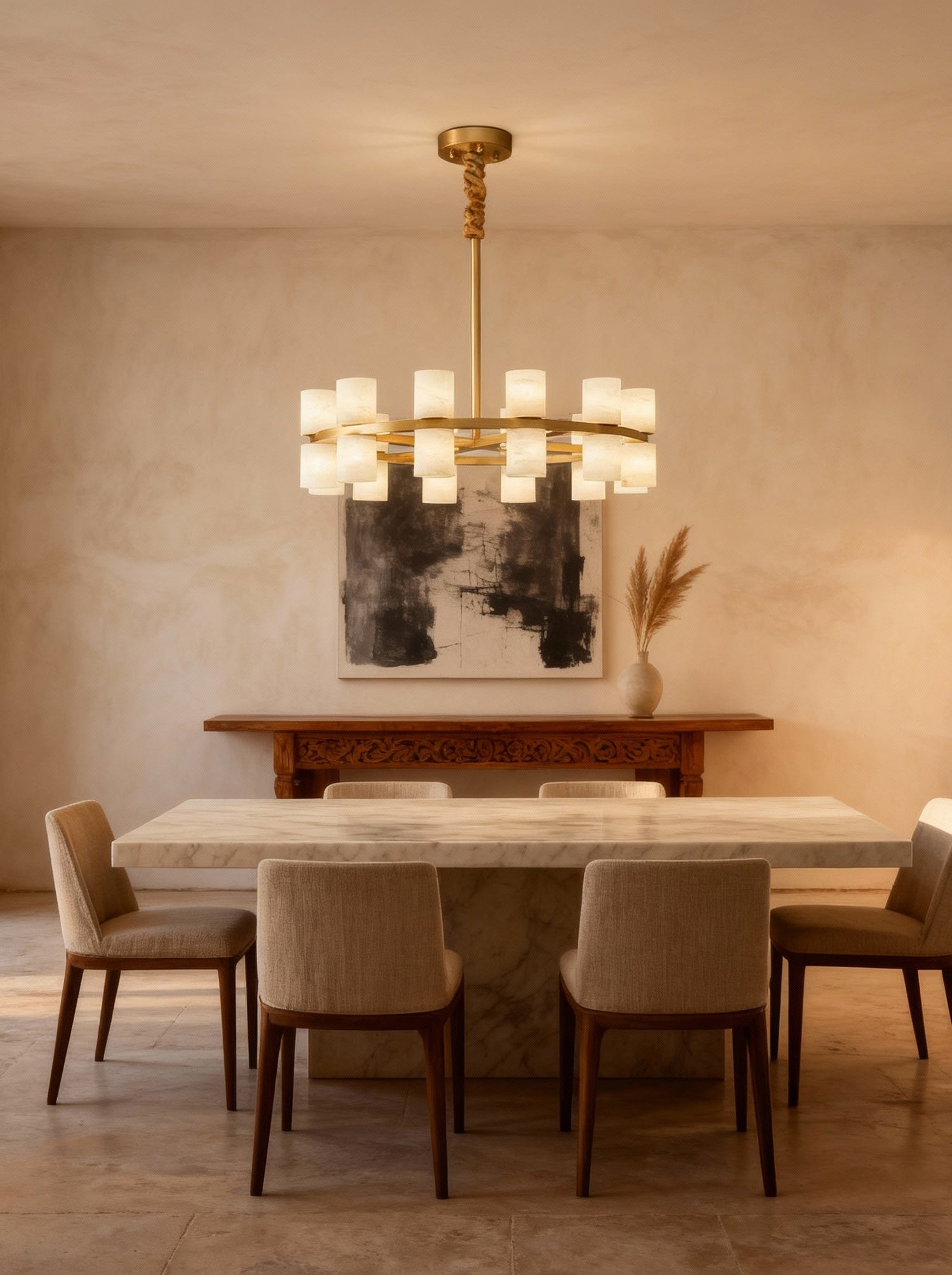 Enzo chandelier in a stone dining room, room scene