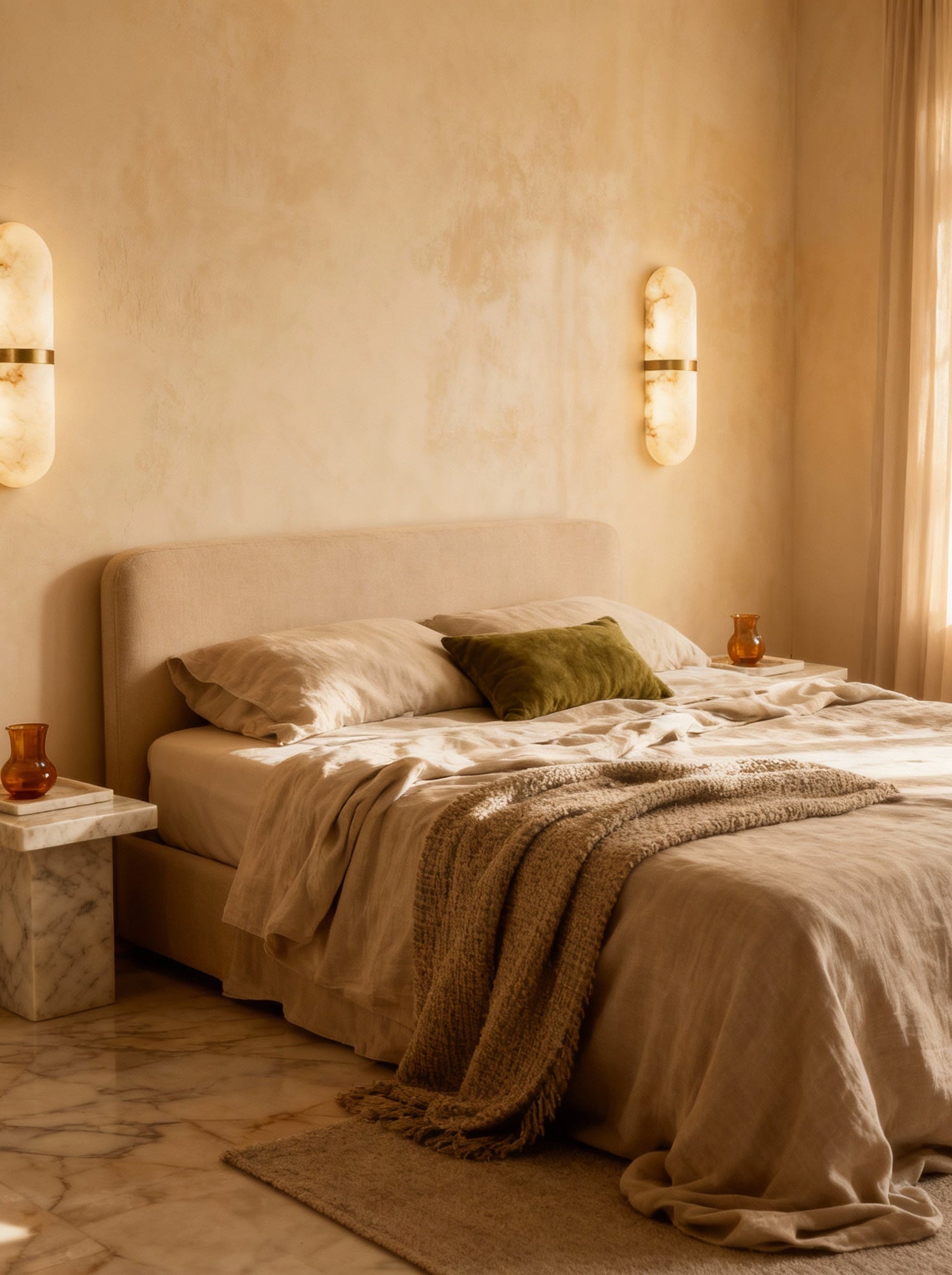 Pendelleuchte aus Alabaster, Kapselform mit Messingdetails