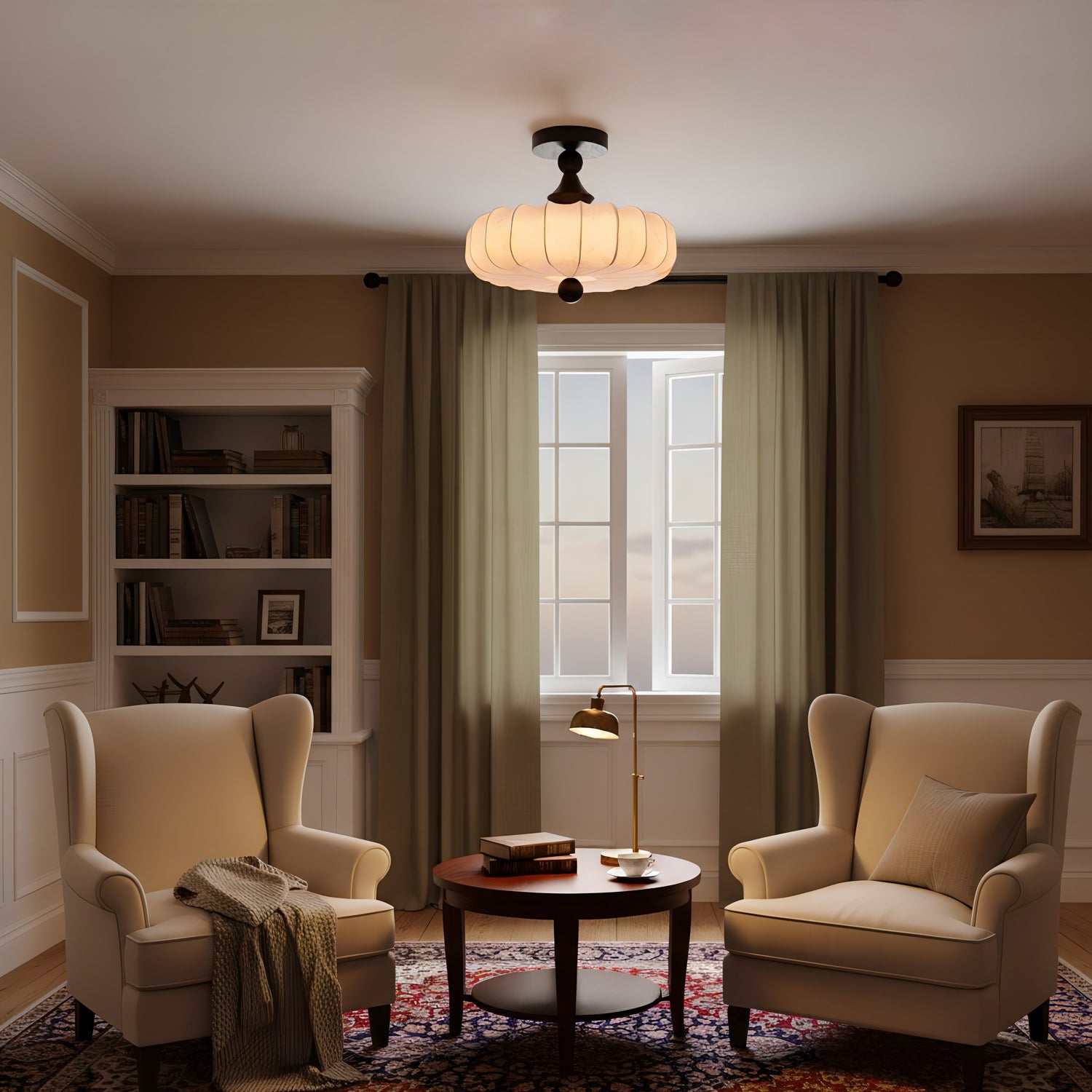 Anela Ceiling Light Walnut & Beige Modern Drum Flush-Mount