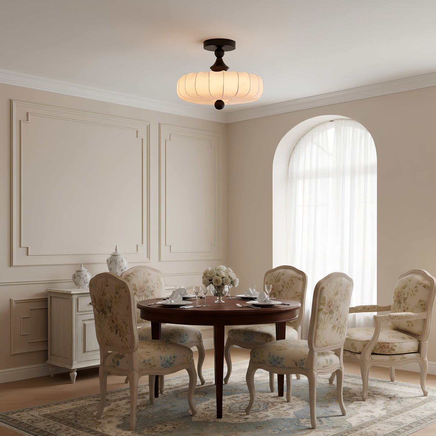 Anela Ceiling Light Walnut & Beige Modern Drum Flush-Mount