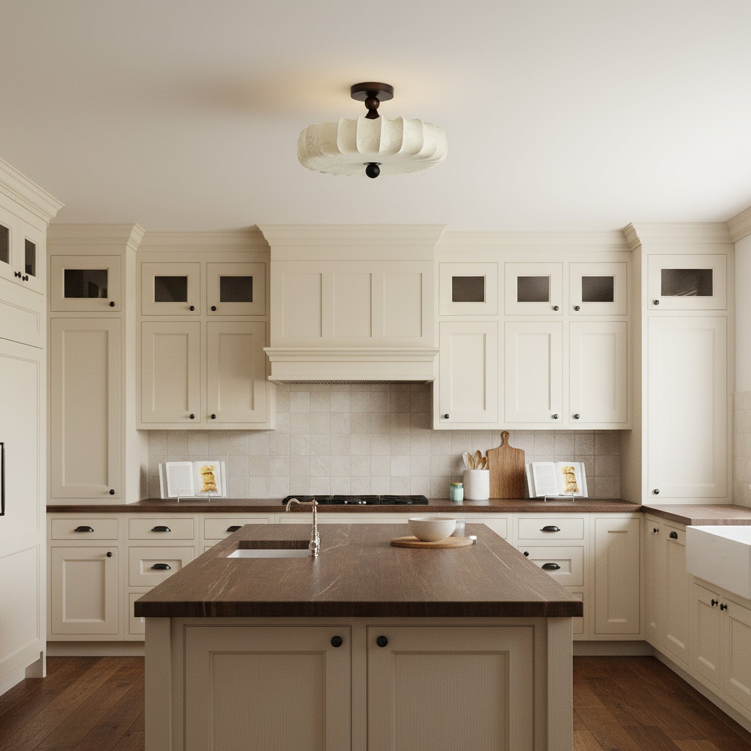 Anela Ceiling Light Walnut & Beige Modern Drum Flush-Mount