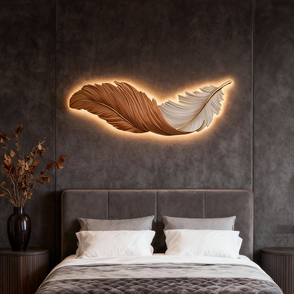 Art Deco Feather Wall Sconce Lighting with Remote Control | Elegant USB LED Wall Lamp for Ambient Home Decor
