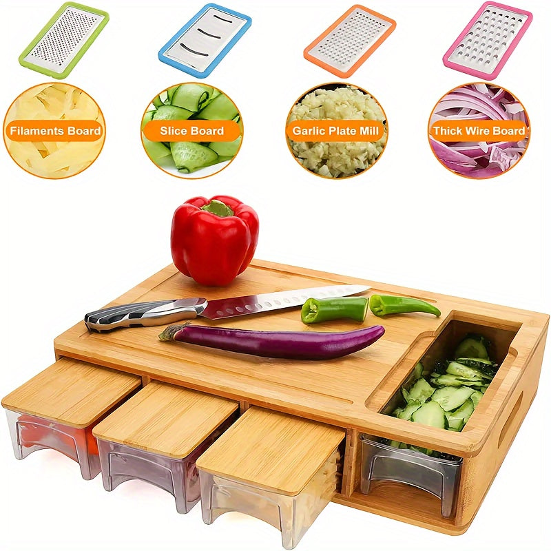 Bamboo Cutting Board Set | Wood Cutting Boards with 4 Interchangeable Blades | Eco-Friendly Kitchen Prep Station for Effortless Meal Preparation
