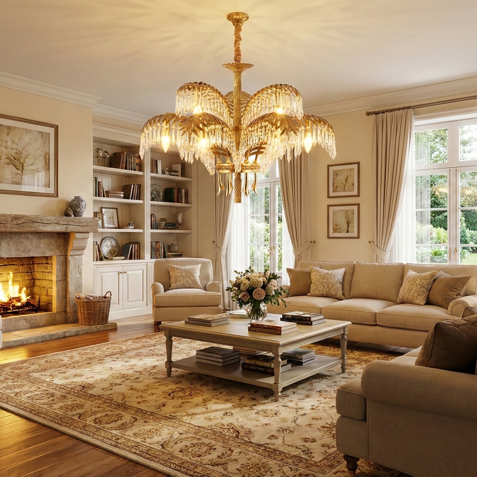 Brass Palm Leaf Crystal Chandelier Customizable Dining Decor