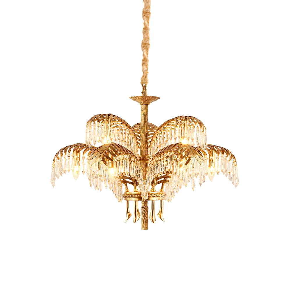 Brass Palm Leaf Crystal Chandelier Customizable Dining Decor
