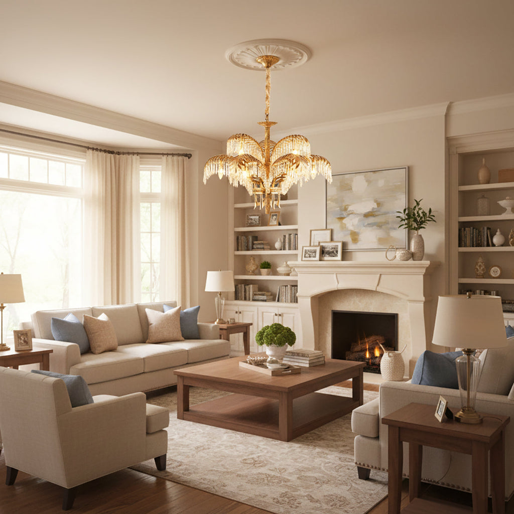 Brass Palm Leaf Crystal Chandelier Customizable Dining Decor