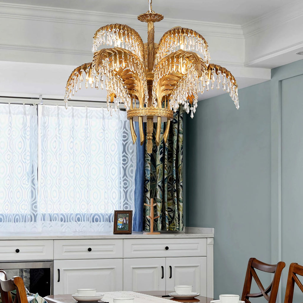 Brass Palm Leaf Crystal Chandelier Customizable Dining Decor