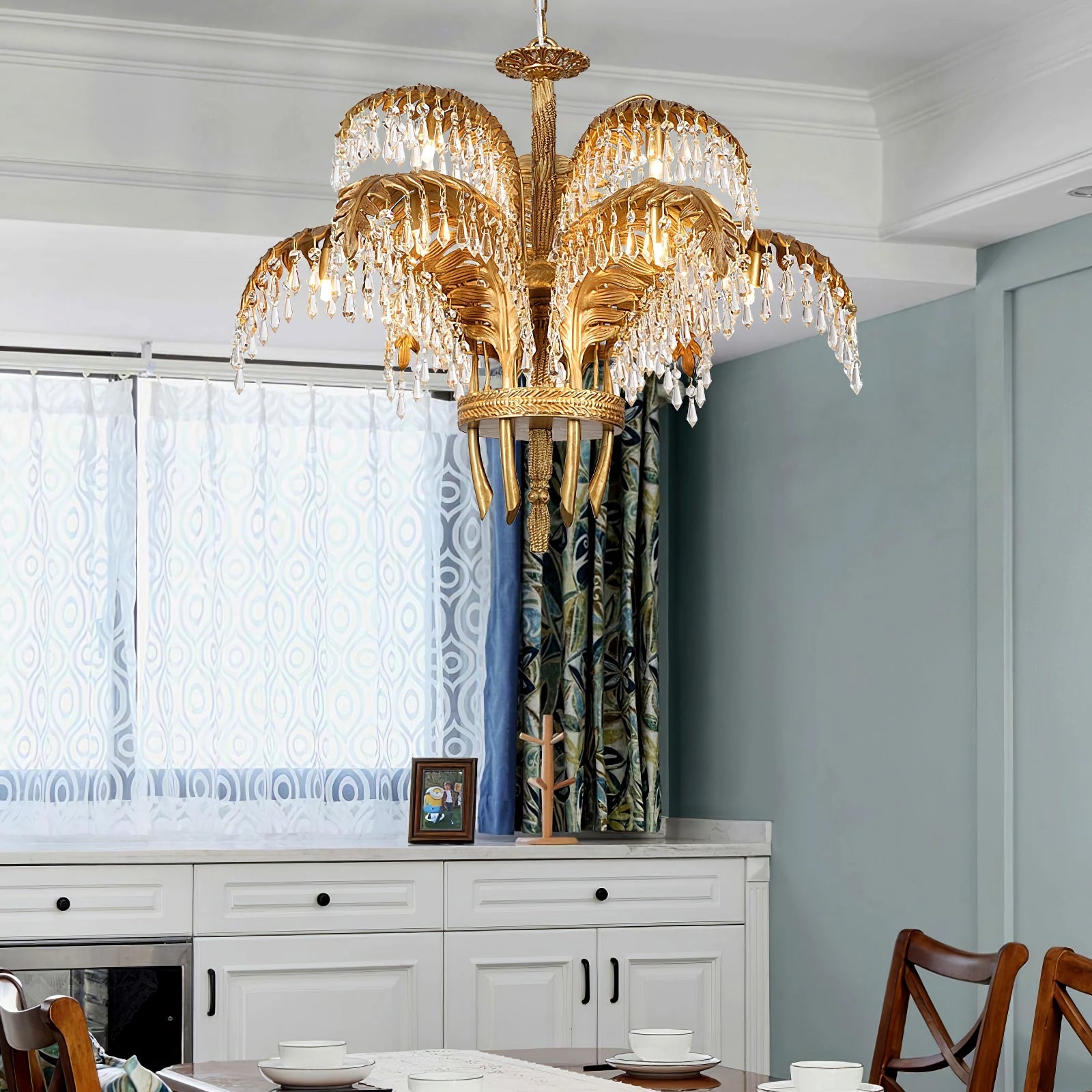 Brass Palm Leaf Crystal Chandelier Customizable Dining Decor