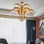 Brass Palm Leaf Crystal Chandelier Customizable Dining Decor