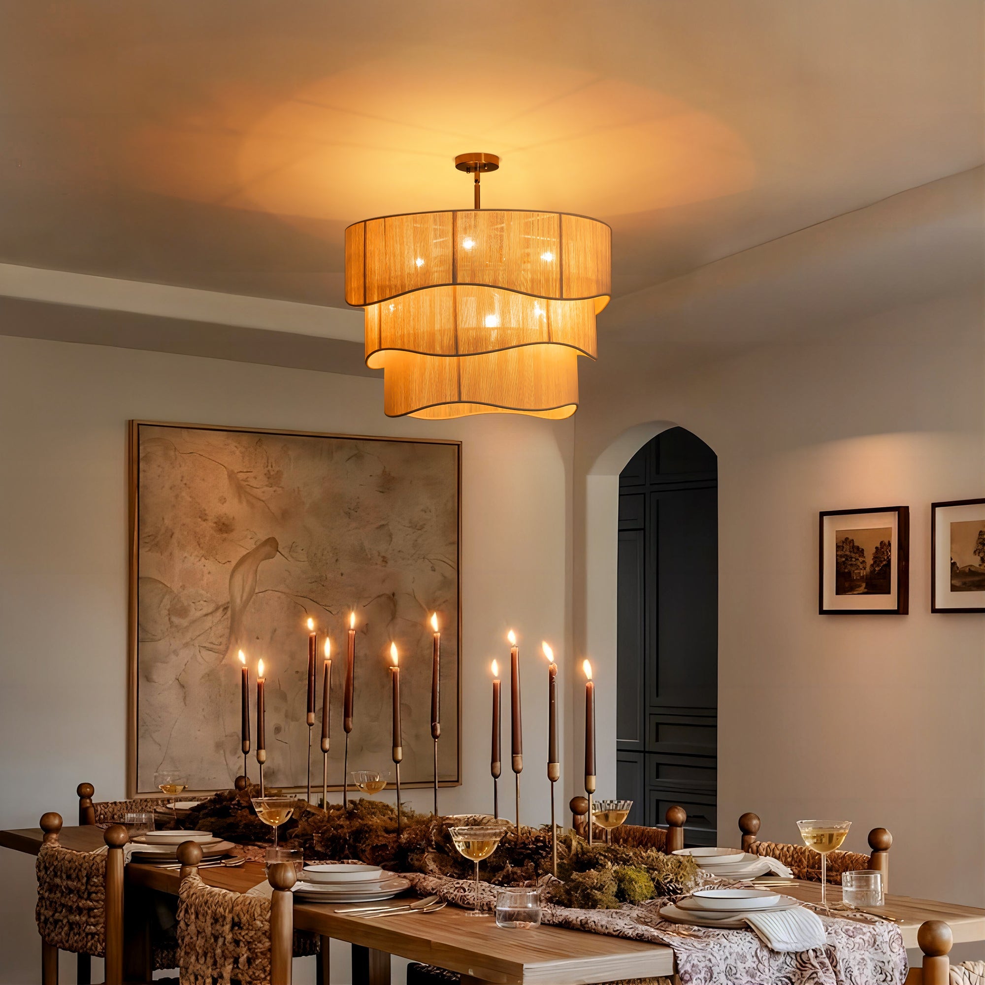 Contemporary Rattan Chandelier Light with 6 Adjustable Lights | Ideal for Dining Room Ambiance