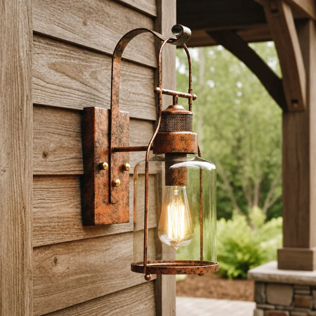 Carson outdoor wall sconce with clear glass jar shade and industrial metal frame, hero view