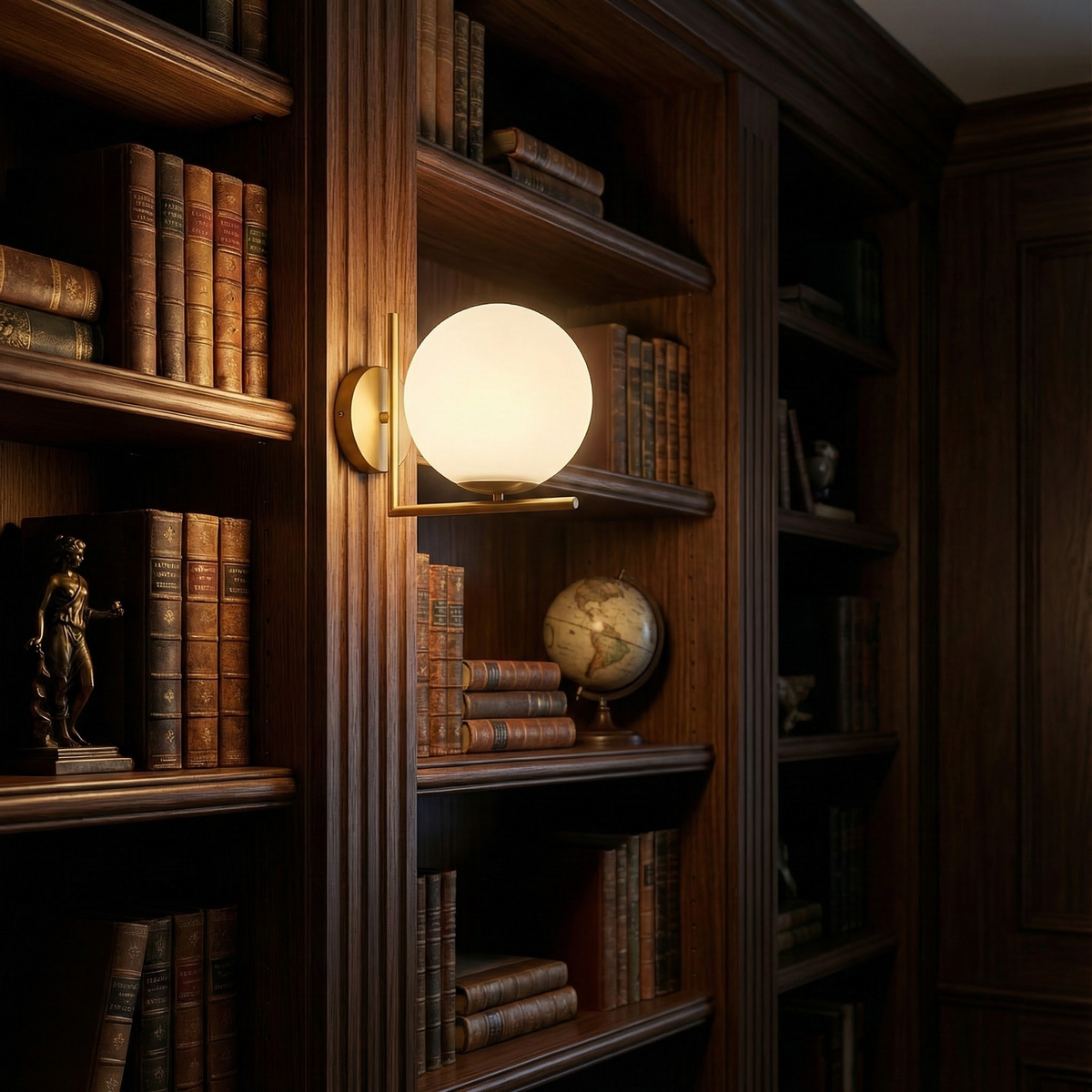 DaraLight globe sconce in a wood-paneled library, room scene
