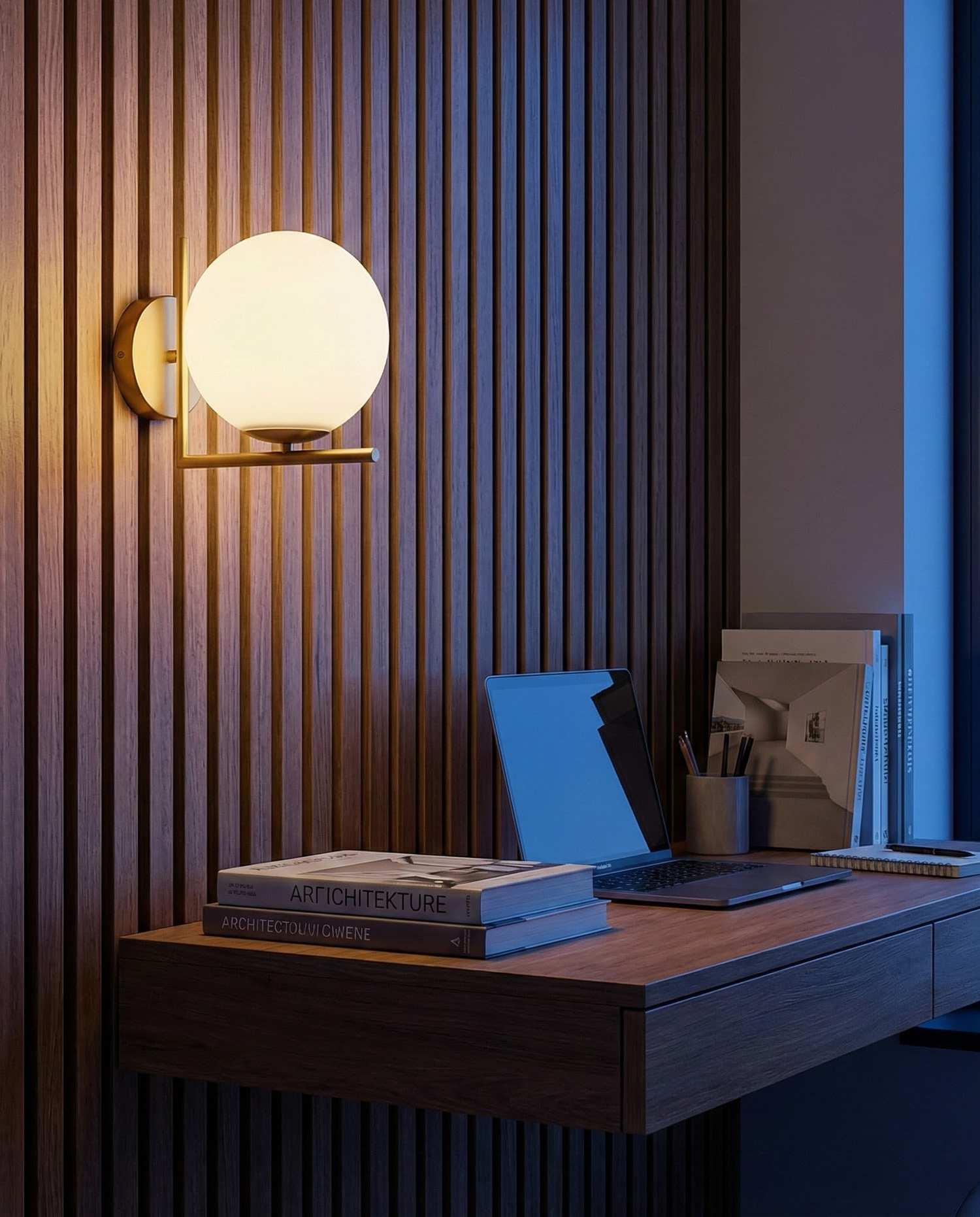 DaraLight globe sconce over a walnut desk at dusk, room scene