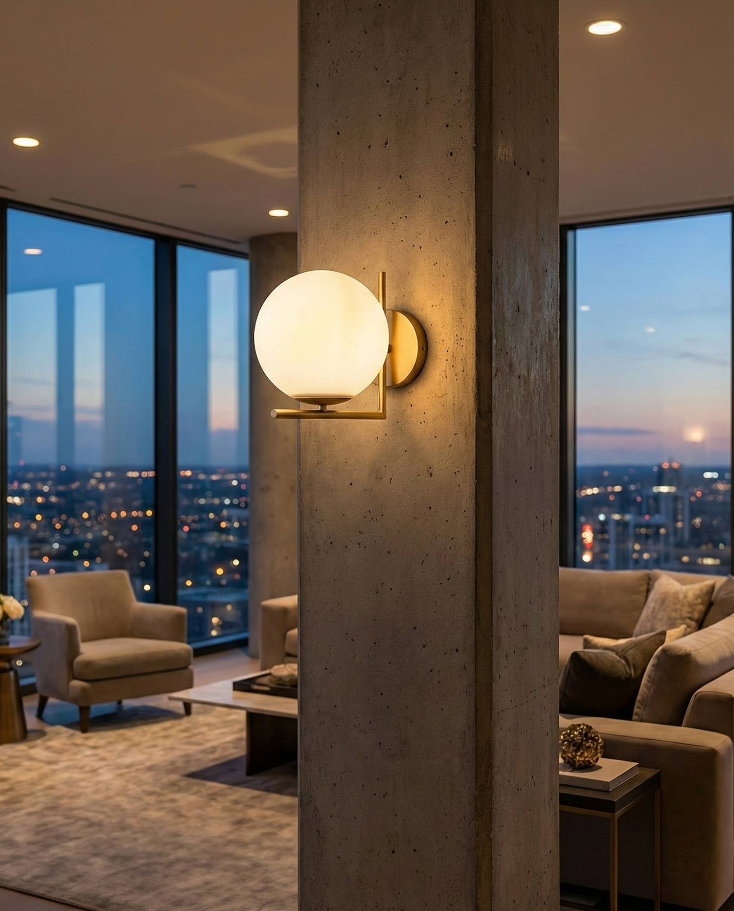 DaraLight globe sconce in a high-rise lounge, room scene