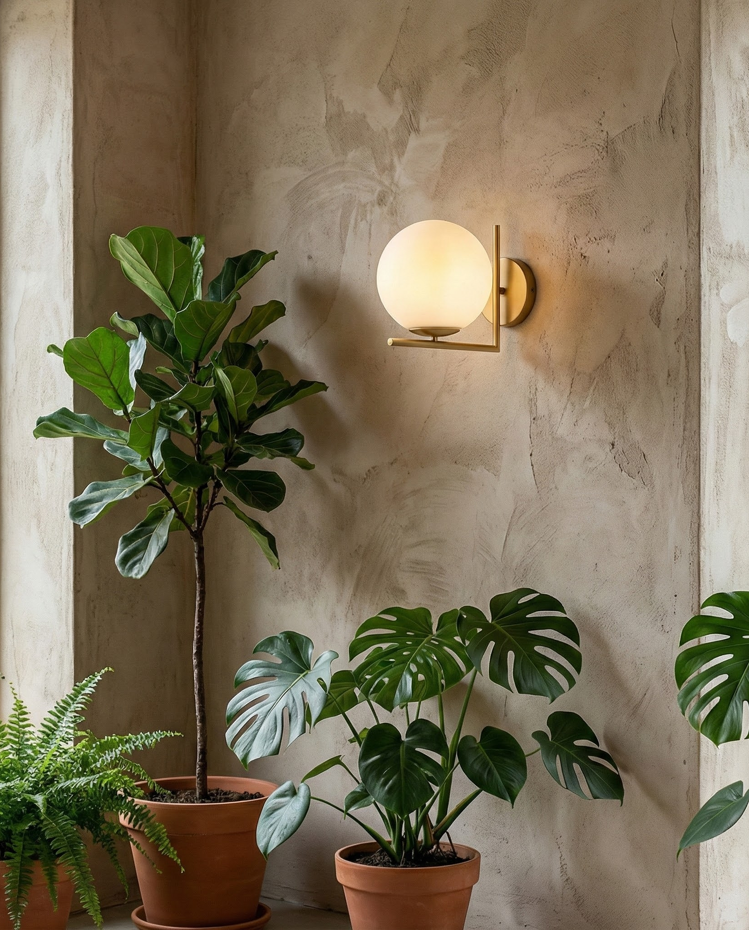 DaraLight globe sconce in a plant-filled corner, room scene