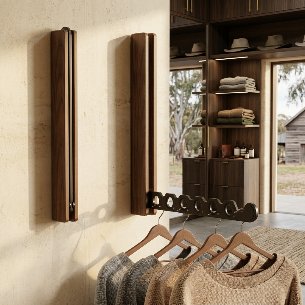 Nils hanger rails in walnut, arm extended