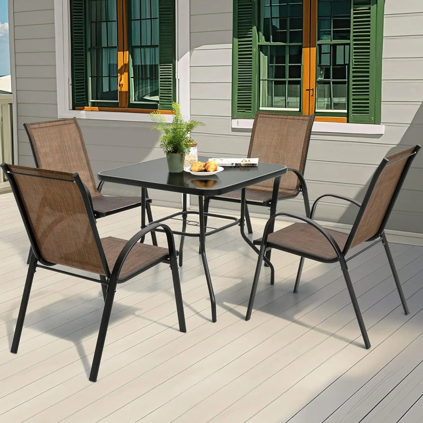 Elegant 5-Piece Outdoor Dining Set with Stackable Textilene Chairs | Durable Patio Table and Chairs for Comfortable Gatherings
