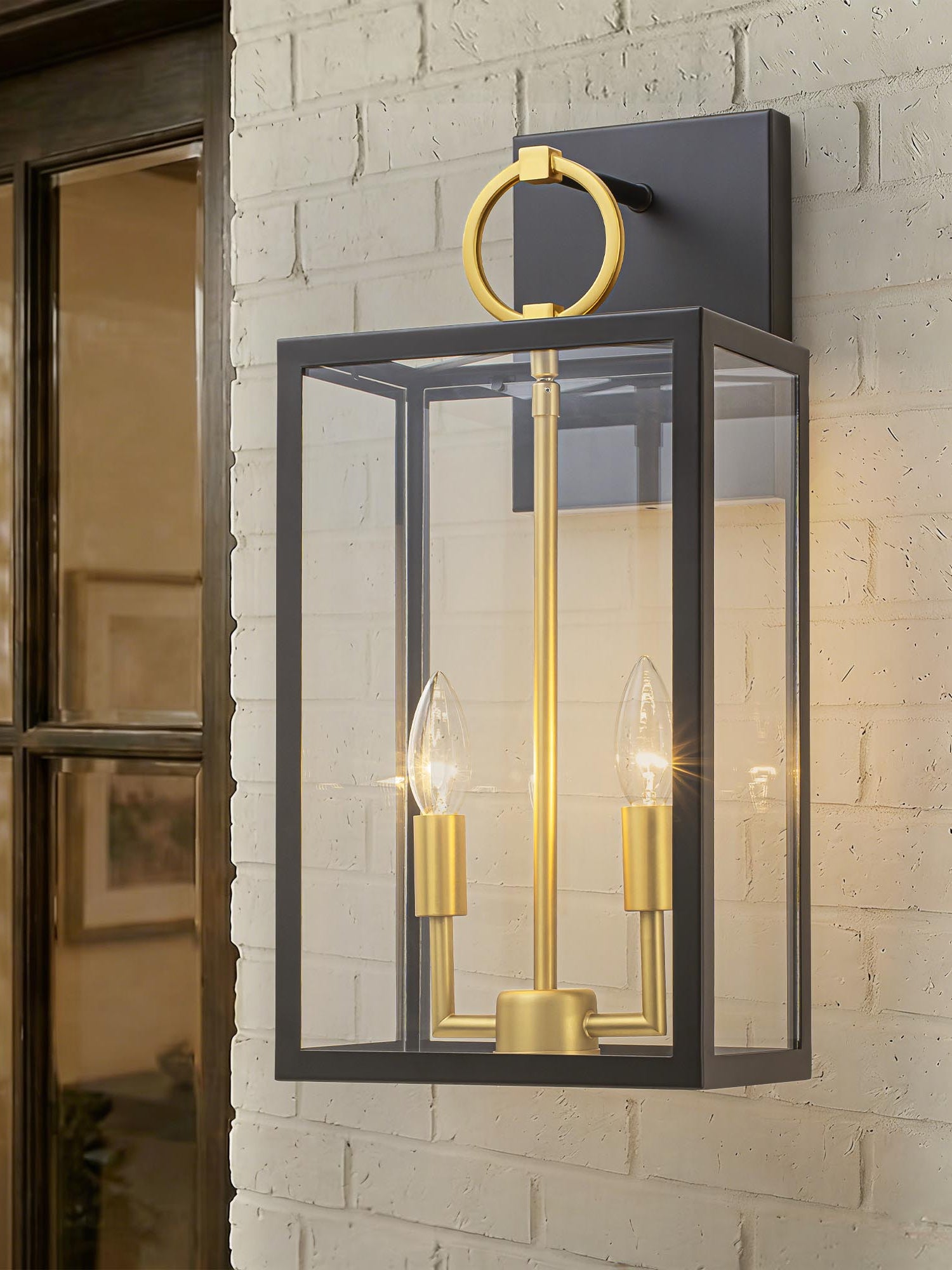 Wandleuchte im Laternen-Design, Glas, Schwarz-Gold