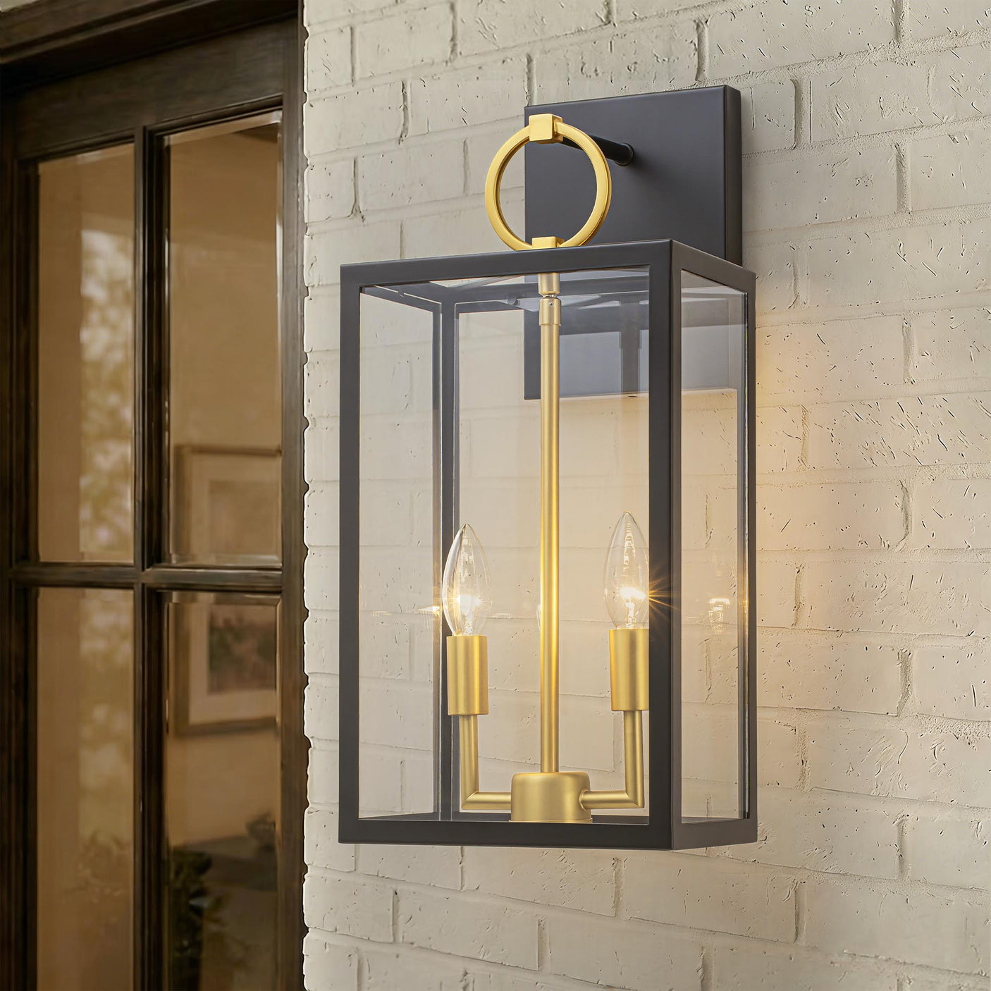 Wandleuchte im Laternen-Design, Glas, Schwarz-Gold