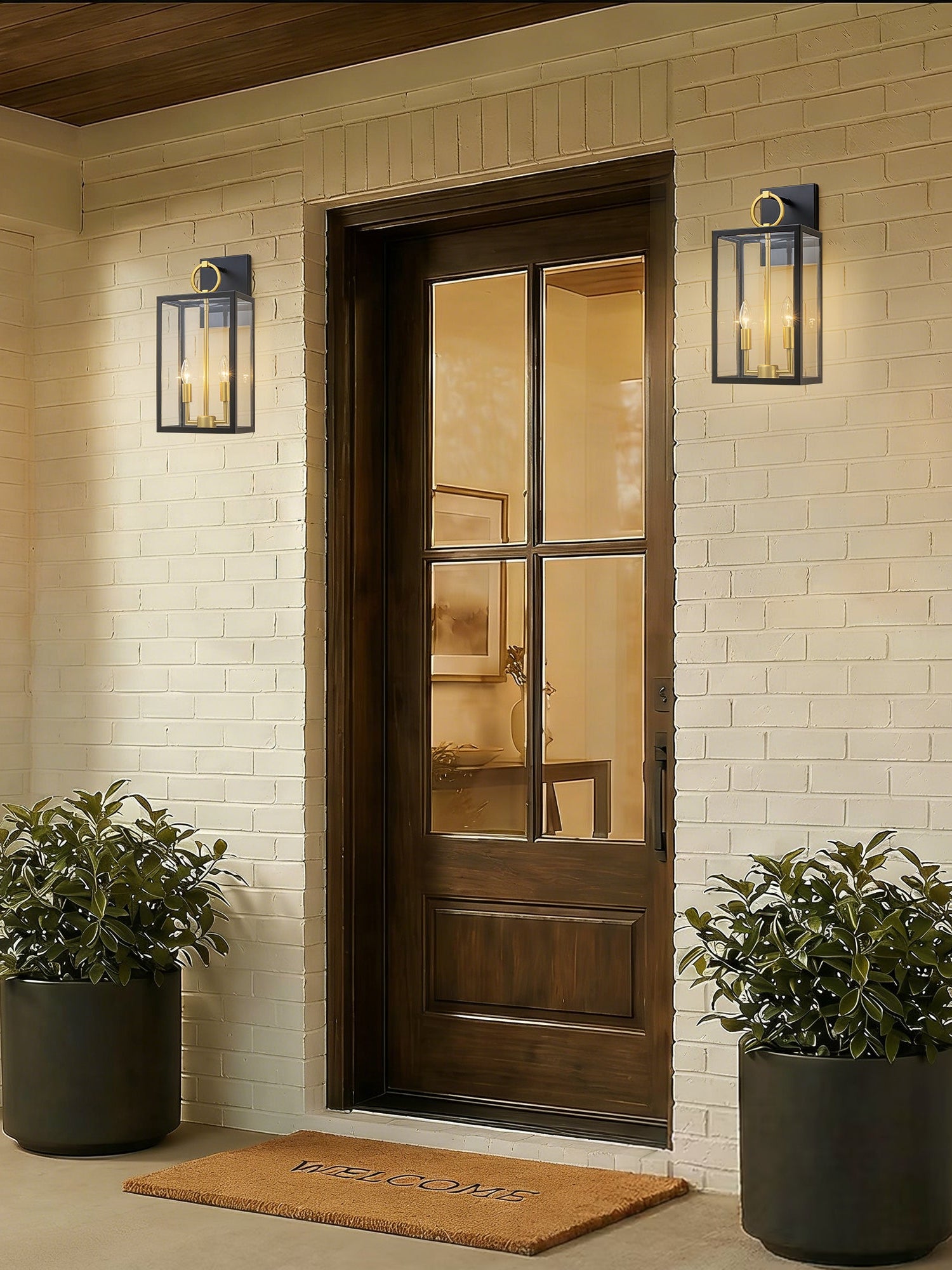 Wandleuchte im Laternen-Design, Glas, Schwarz-Gold