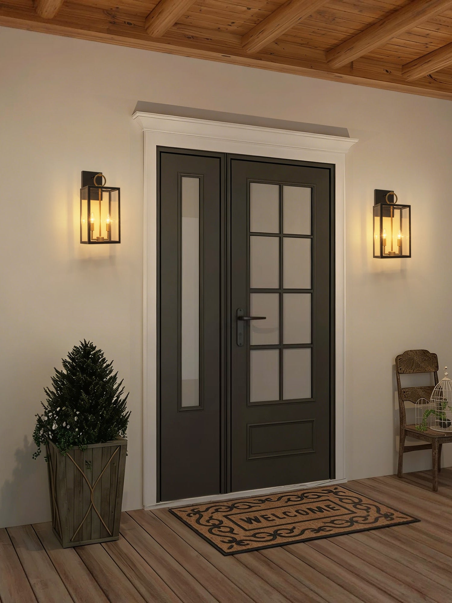 Wandleuchte im Laternen-Design, Glas, Schwarz-Gold