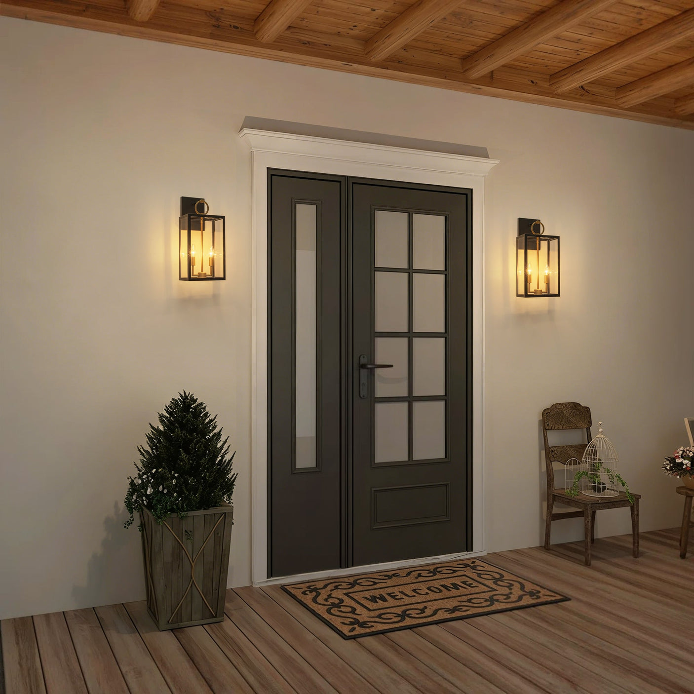 Wandleuchte im Laternen-Design, Glas, Schwarz-Gold